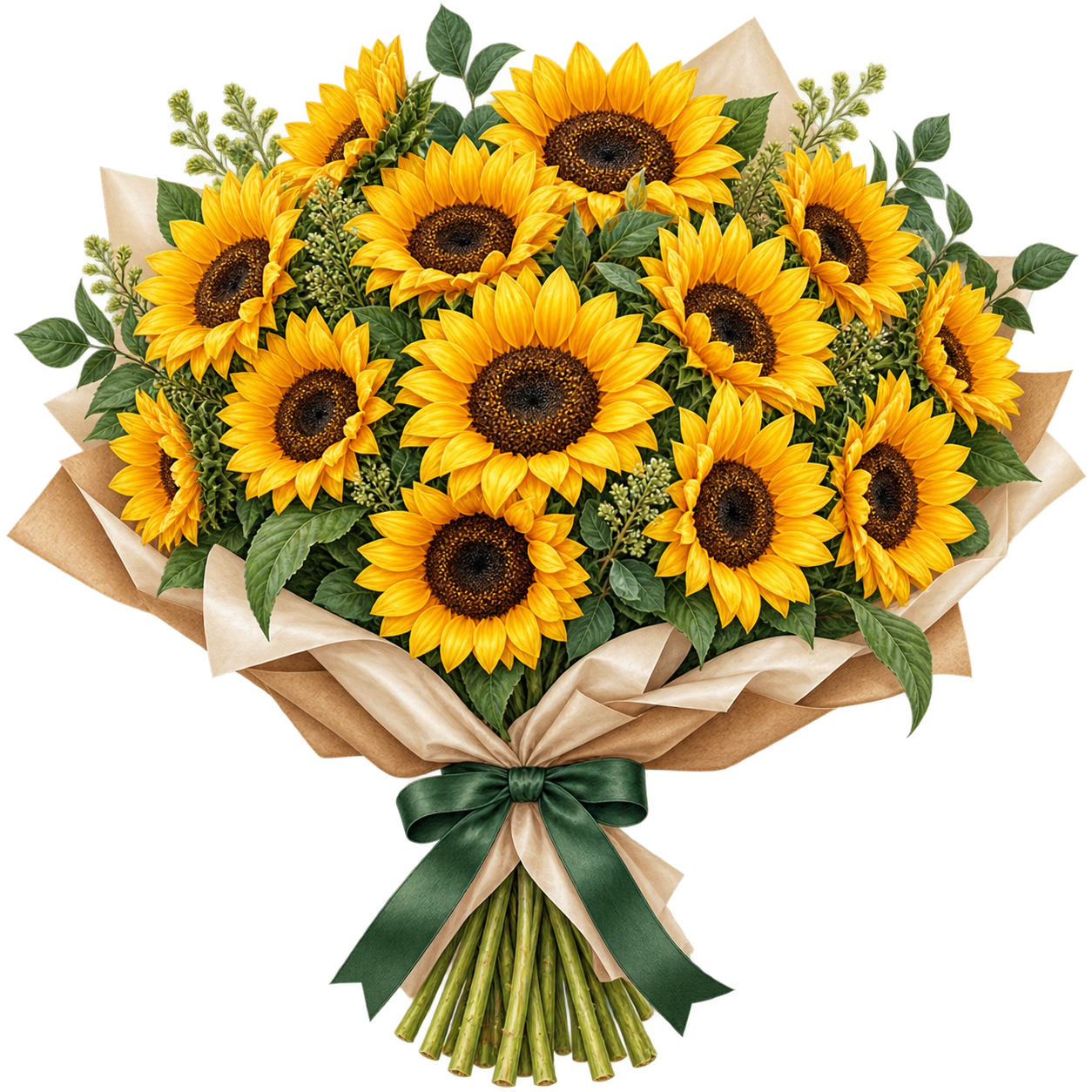 Un gran ramo de girasoles amarillos envuelto en papel y atado con un lazo verde